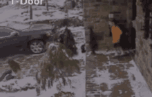a group of people are walking in the snow in front of a house .