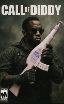 a poster for call of diddy shows a man holding a gun that looks like a baby lotion bottle
