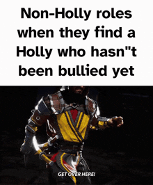 a video game character is holding a sword and says " get over here " at the bottom