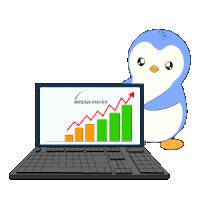 a penguin standing next to a laptop with a bridgewater logo on it
