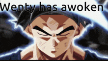 a picture of a cartoon character with the words " wenty has awoken " above him