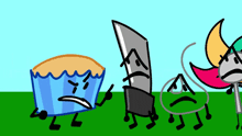 a group of cartoon characters are standing in a field including a cupcake and a knife .