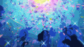 a blue background with a lot of colorful dots and stars
