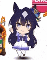 a cartoon girl with long blue hair is standing in front of a jukebox .
