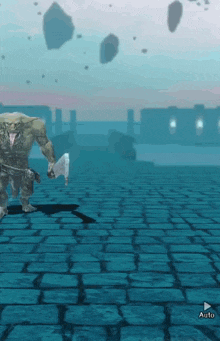 a screenshot of a video game shows a monster holding a axe