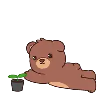 a brown teddy bear is laying down next to a small plant