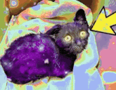 a purple cat is laying on a colorful blanket with a yellow arrow pointing at it .