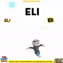 a cartoon of a man holding a broken heart with the name eli written above him