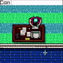 a person is sitting at a desk in a video game with the word can in the corner .