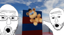 a cartoon of a man pointing at a teddy bear on a wall