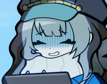 a cartoon of a girl wearing a hat and a blue shirt