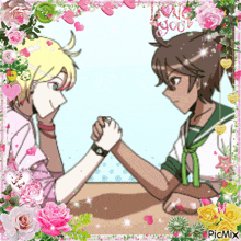 a picture of two anime characters arm wrestling with the words i love you in the background