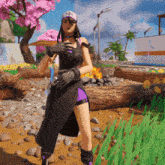 a woman in a black dress and purple shorts stands in a video game