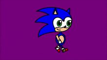 a cartoon drawing of sonic the hedgehog with green eyes on a purple background