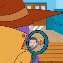 a cartoon character is looking through a magnifying glass at a bearded man