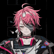 a girl with pink hair is wearing headphones and a choker necklace