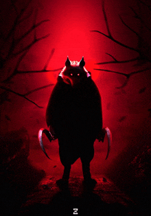 a drawing of a monster with a red background and the letter i on the bottom right