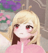 a girl with blonde hair and red eyes is wearing a pink jacket and a pink shirt .