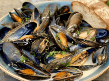 a blue bowl filled with mussels and bread on a table