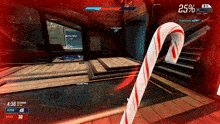 a candy cane is in the middle of a video game with a percentage of 25%