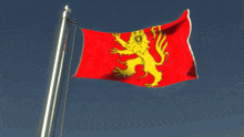 a red and gold flag with a lion on it
