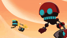 a cartoon drawing of a robot with a red helmet