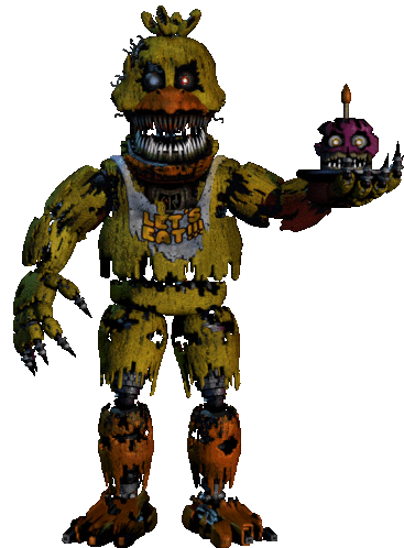 a nightmare chica from five nights at freddy 's is holding a purple cupcake