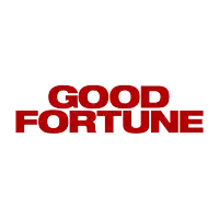 a red and white logo for good fortune on a white background