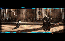 a video game screen shows a man running away from a giant monster