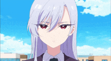 a girl with long gray hair and red eyes is wearing a suit and tie