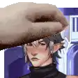 a pixel art of a hand touching a boy 's face .