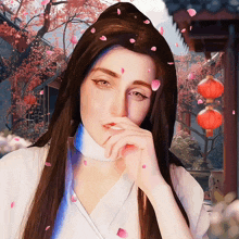 a painting of a woman with flowers falling on her face