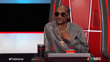 a man wearing sunglasses is sitting in a chair with a nbc logo on it
