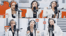 a group of women wearing headphones with one wearing a shirt that says ' dita ' on it