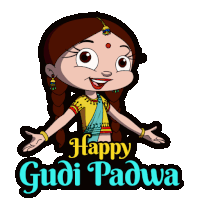 a cartoon girl with her arms outstretched and the words happy gudi padwa