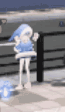 a pixel art of a girl standing next to a fence holding a cat .