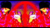 a person in a red jacket is giving a thumbs up