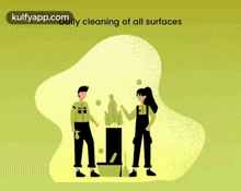 a man and a woman are cleaning a potted plant