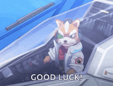 a video game character says good luck while sitting in the cockpit of a plane