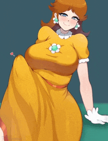 a cartoon drawing of a woman in a yellow dress with a flower on her chest