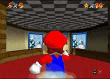 a video game where mario is standing in a room with snowmen on the wall