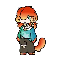 a cartoon drawing of a girl with red hair wearing a blue shirt