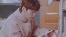 a boy in a pink sweater is reading a book