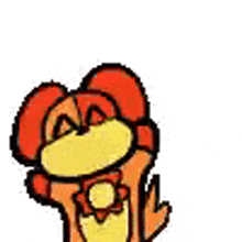 a cartoon chicken with a red hat and a yellow face is standing on a white background .