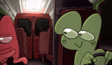 two cartoon characters are sitting on a bus and one of them has hearts on his face