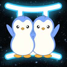 two penguins are standing next to each other in the shape of a zodiac sign