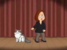 a cartoon character standing next to a cat on a stage