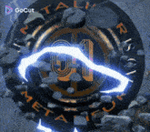 a metallica logo that is surrounded by rocks and lightning