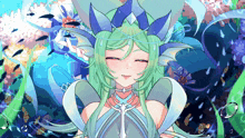 a girl with green hair and a crown on her head is smiling