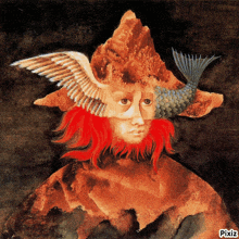 a painting of a man with red hair and a fish on his head with pixiz written below it